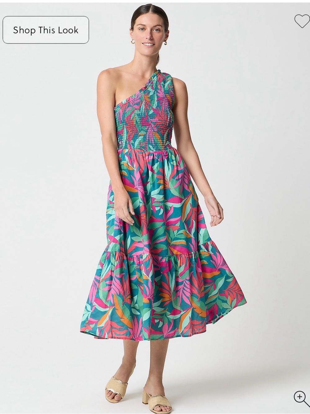 J. Crew One-Shoulder Tropical Print Midi Dress in Teal, Pink & Orange